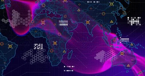 Viewpoint expanding while magenta mesh wave sweeping continents and adding map Stock Illustration