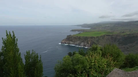 Viewpoint miradouro over the atlantic ocean and coast line of the Azores, Sao Stock Footage 296818192