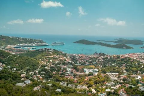 Viewpoint over St Thomas US Virgin Islands with cruise port Stock Photos