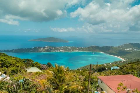 Viewpoint over St Thomas US Virgin Islands with panorama over Magens Bay Beach Stock Photos