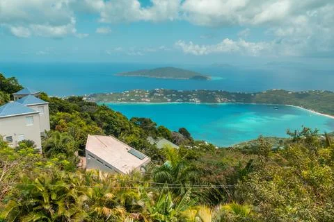 Viewpoint over St Thomas US Virgin Islands with panorama over Magens Bay Beach Stock Photos