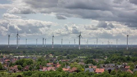 Viewpoint from the so-called teutoburgerwalt, over the village of Hrstel-Ri.. Stock-Fotos