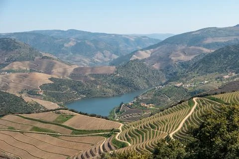 Viewpoint of Vargelas allows to see a vast landscape on the Douro and its man Stock Photos