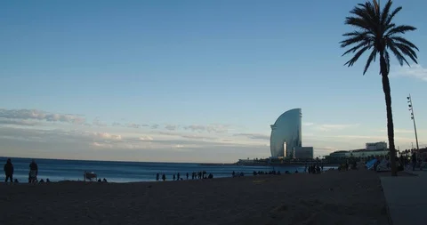 Views of the Barcelona beach during sunset Stock Footage 125944685