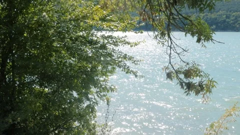 Views of blue mountain lake surrounded by green foliage Stock Footage 300441719