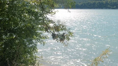 Views of blue mountain lake surrounded by green foliage Stock Footage 300442402