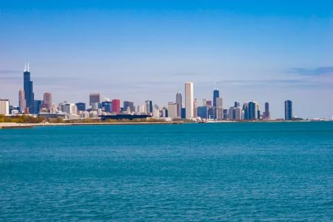 Views of the Chicago Skyline including lake Michigan with a clear blue sky Stock Photos