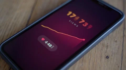 Views counter with declining graph and likes on smartphone screen on wooden Stock-Footage 343237565