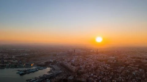 Views from drone during sunset on beach Malvarrosa in Valencia Stock Photos