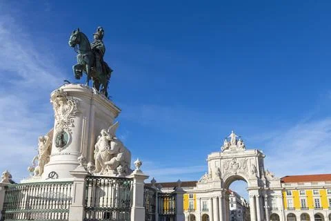 Views of Historic Praca do Comercio or Commerce Square and arch of the Rua .. Stock Photos