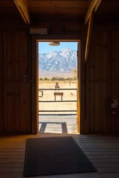 Views from inside one of the barracks at the Manzanar Nikkei concentration camp Stock Photos