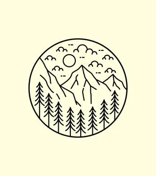 Views of the mountains and the trees on the day in mono line art, patch badge Stock Illustration