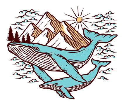Views of mountains and whales vector illustration Stock Illustration