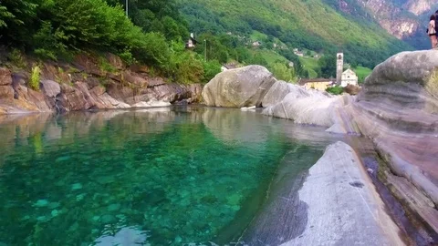 The views of one of the most beautiful place in Switzerland. Verzasca river and  Stock Footage 82866051