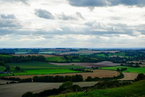 Views over patchwork farm fields in the United Kingdom 스톡 사진