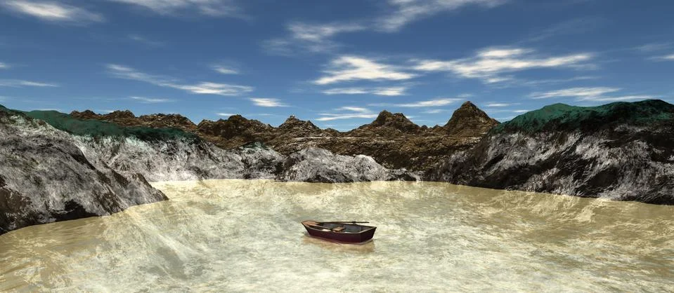 Views of river mud and rocks with the boat Stock Illustration