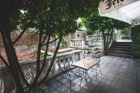 Views of tables in an empty restaurant Stock Photos