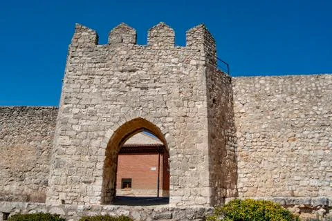 Views of the wall gate of  the small  medieval-style village Urena Stock Photos