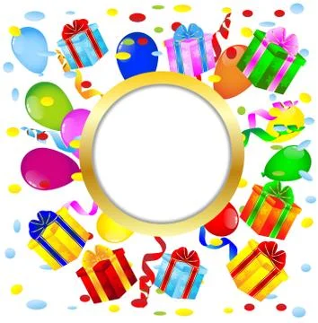 Vignette with bright gift boxes and air marbles Stock Illustration