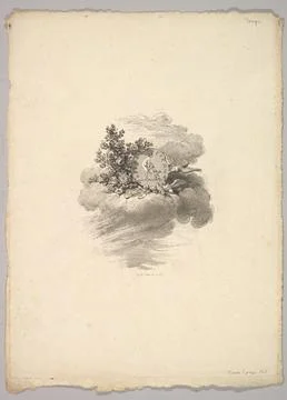 Vignette with Coin on a Cloud with Roses to the left and Doves Below and to.. Stock Illustration