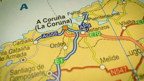 Vigo to a coruna road network map, galicia, spain Stock Footage 343824300