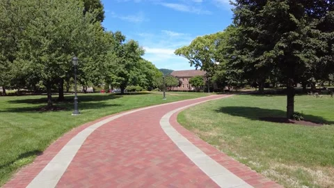Viiew of a long red brick sidewalk by large grass area Stock Footage 159440179