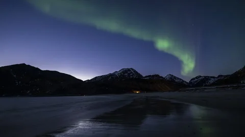 Vik beach with first Aurora Borealis after sunset Stock Footage 251355627