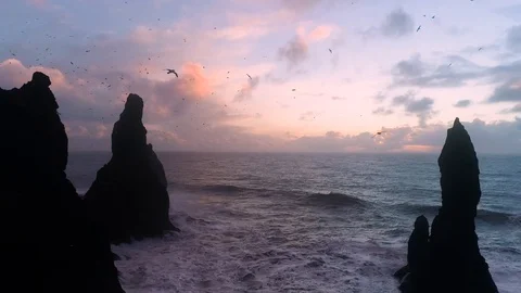 Vik Black sand beach, Iceland during pink sunset Stock Footage 122312349