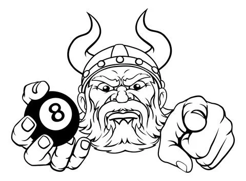 Viking Billiards Pool 8 Black Ball Sports Mascot Stock Illustration