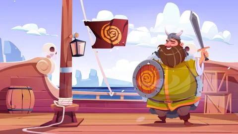 Viking character with sword and shield on ship Stock Illustration