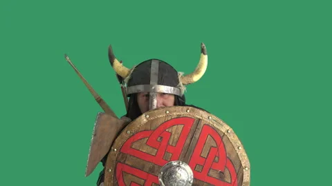 Viking Hiding Behind Shield Adjusts Helmet With Axe Green Screen Stock Footage 342166257