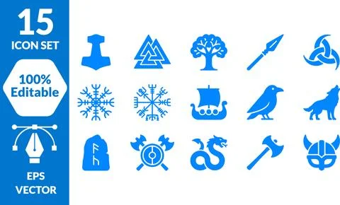 Viking icons set vector graphic symbols traditional Norse mythology and cul.. Stock Illustration