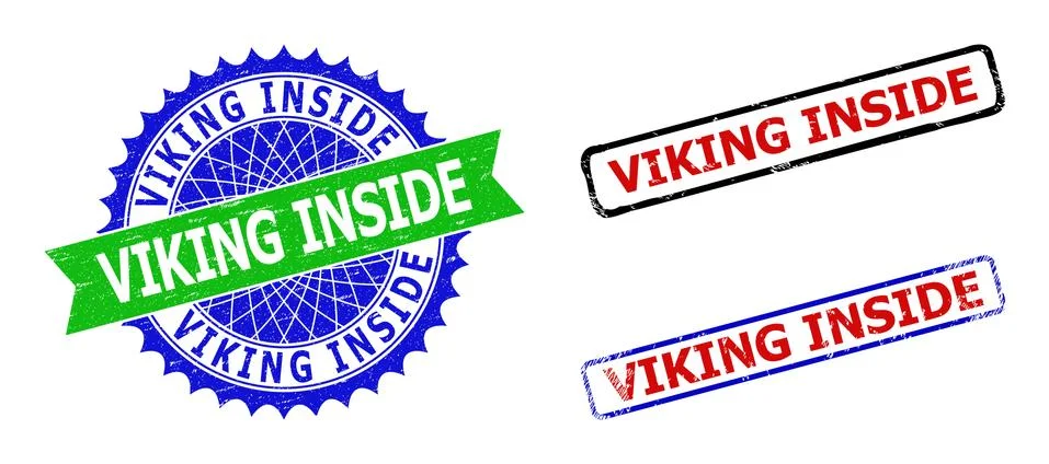 VIKING INSIDE Rosette and Rectangle Bicolor Badges with Unclean Textures Stock Illustration
