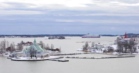 Viking Line ferry exiting Helsinki South harbor in winter Stock Footage 112262804