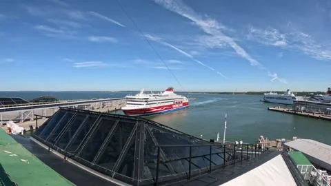 Viking Line passenger ferry docking along pier in Port of Tallinn Stock Footage 340329606