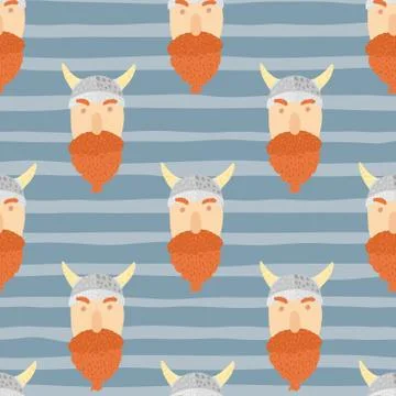 Viking man faces with bright orange beard seamless pattern. Stripped blue bac Stock Illustration
