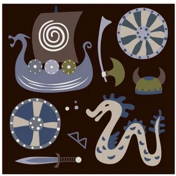 Viking pattern objects on dark background Stock Illustration