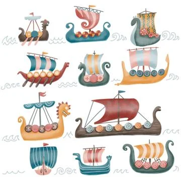 Viking scandinavian draccars set, Norman ship with color textured Illustratio Stock Illustration