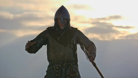 Viking is screams emotionally looking ar the camera. Battle cry Stock Footage 111596630