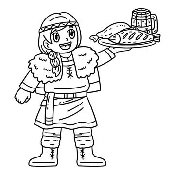 Viking Serving a Meal Isolated Coloring Page Stock Illustration