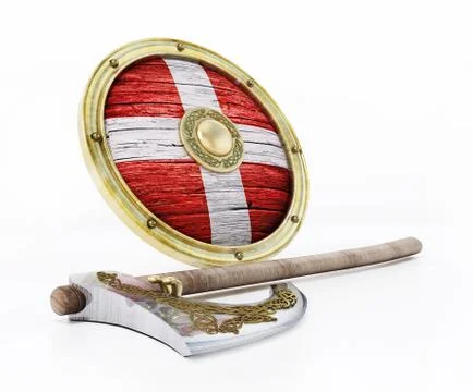Viking shield and axe isolated on white background. 3D illustration Stock Illustration