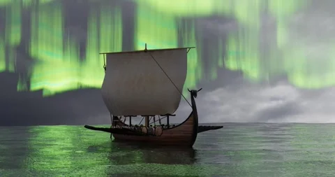 Viking ship 3D render animation aurora borealis Stock Footage 286194346