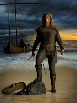Viking with ship on the beach under the dark sky. Stock Illustration