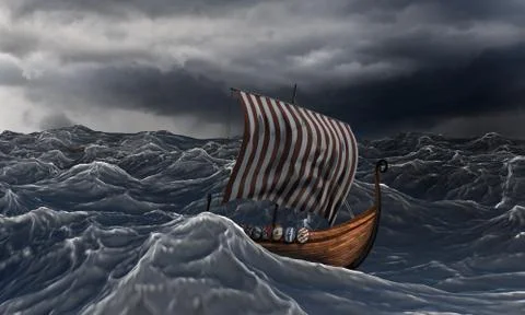 Viking ship on the dramatic wavy sea in the storm. Stock Illustration