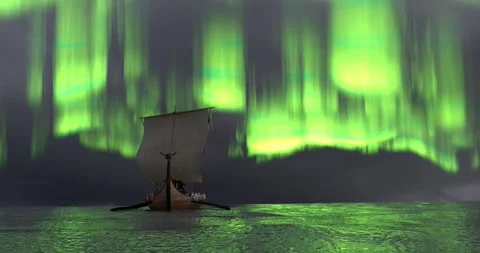 Viking ship longship 3D render aurora borealis Stock Footage 286194329
