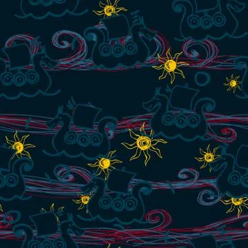 Viking ship pattern seamless hand drawn design Illustrazione stock