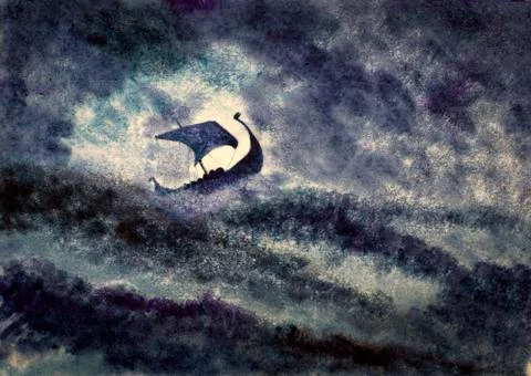 Viking ship in a storm Illustrazione stock