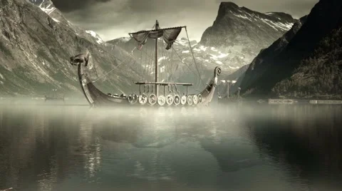 Viking Ships on nordic sea, Epic FullHD VisualFX shot Stock Footage