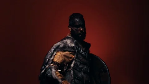 The Viking stands in a fighting position, pointing the battle axe towards the Video stock 123015787
