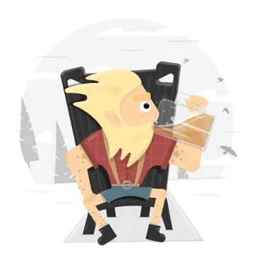 Viking on a throne drinking a large mug of beer. The logo for the bar Stock Illustration
